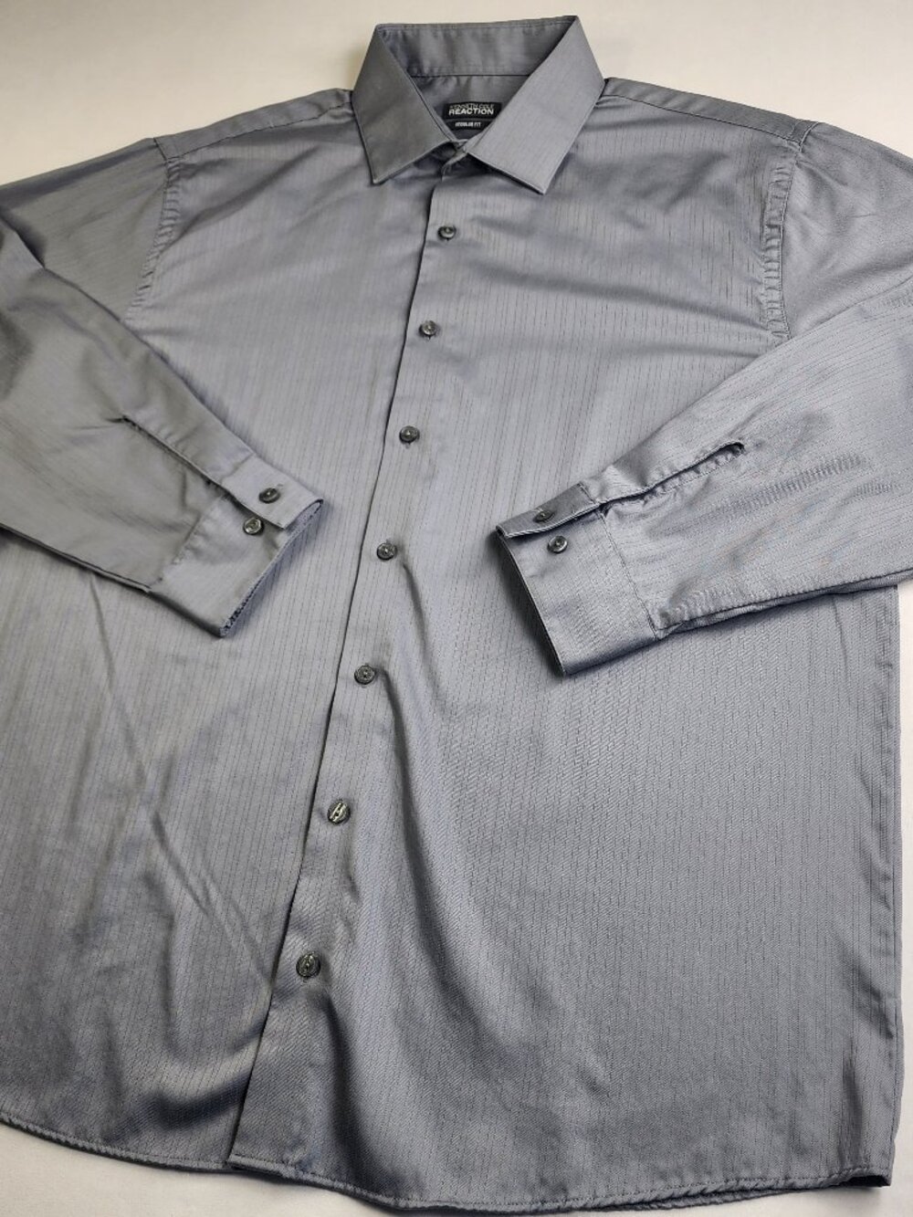 Kenneth Cole Reaction Mens Large 17 32-33 Gray Stripe Dress Shirt Casual Regular